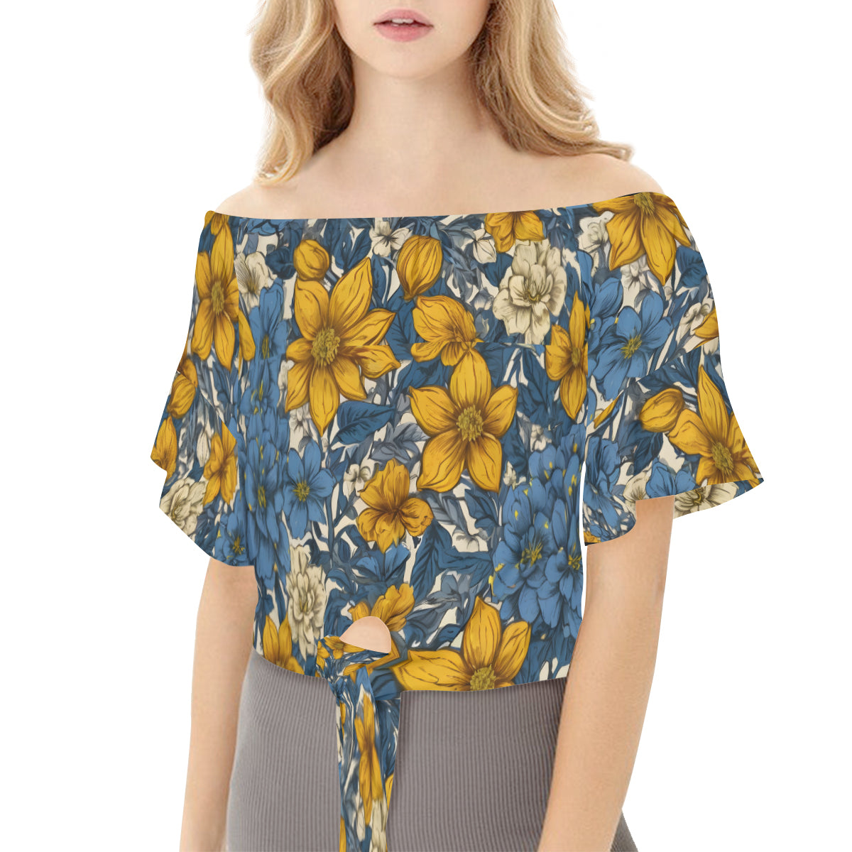 Floral Yellow Abstract Women's One-shoulder Tie Short Sleeves T-shirt | Polyester