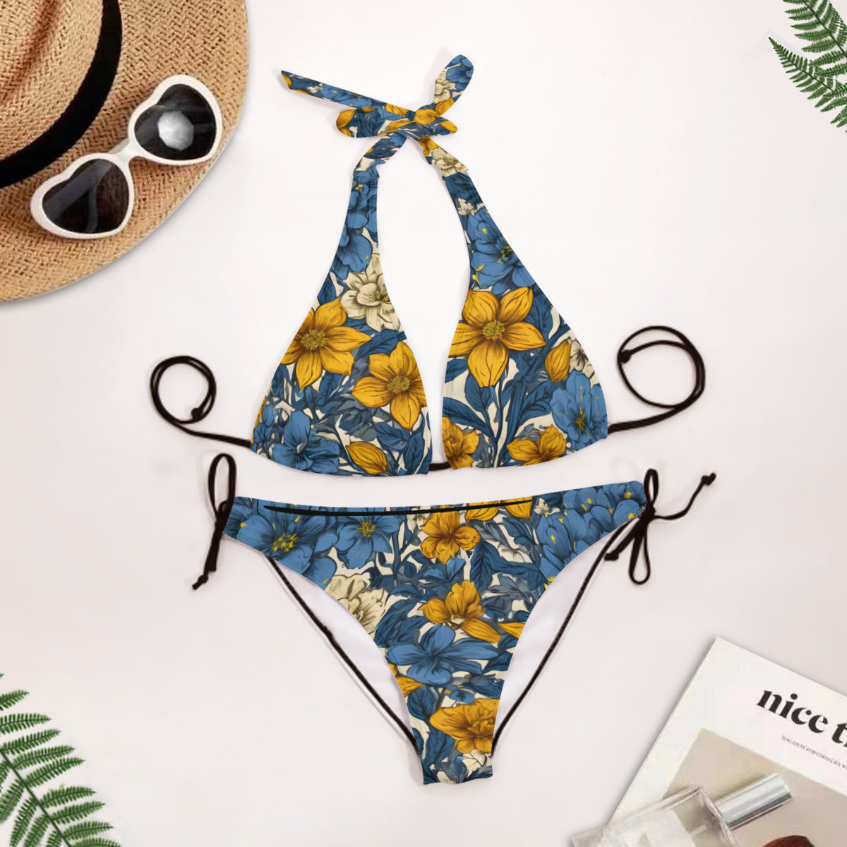 Abstract Yellow Floral Bikini Swimsuit (Multi-Faceted Design)｜Polyester+Spandex