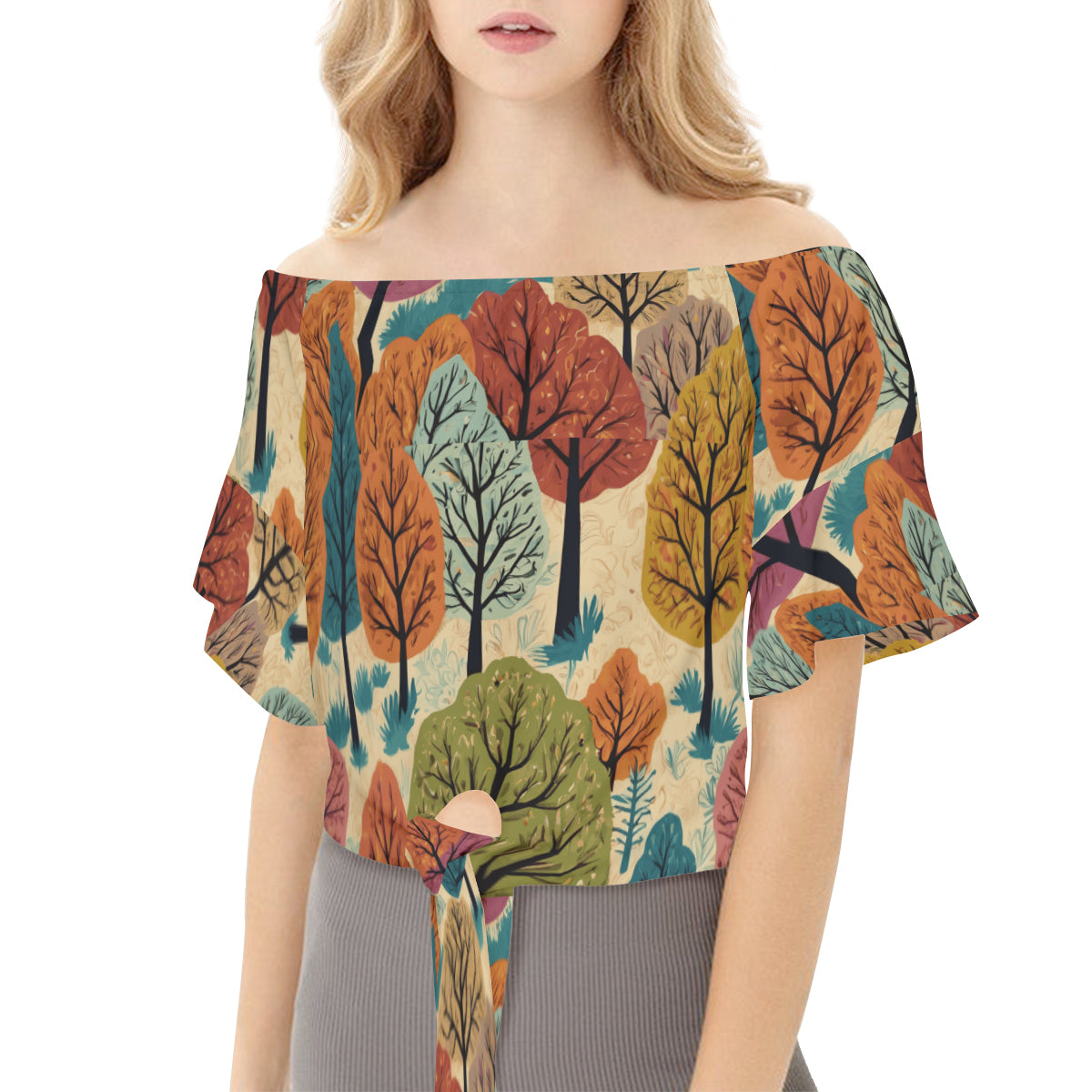 Beautiful Floral Women's One-shoulder Tie Short Sleeves T-shirt | Polyester