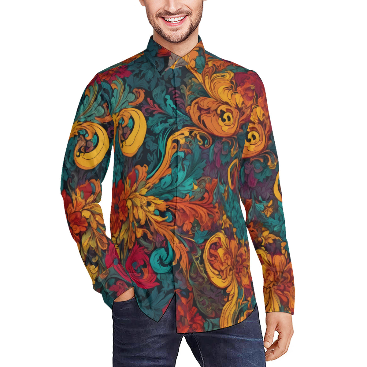 Awesome Flower Design Men's Classic Long-Sleeved Shirt | Polyester