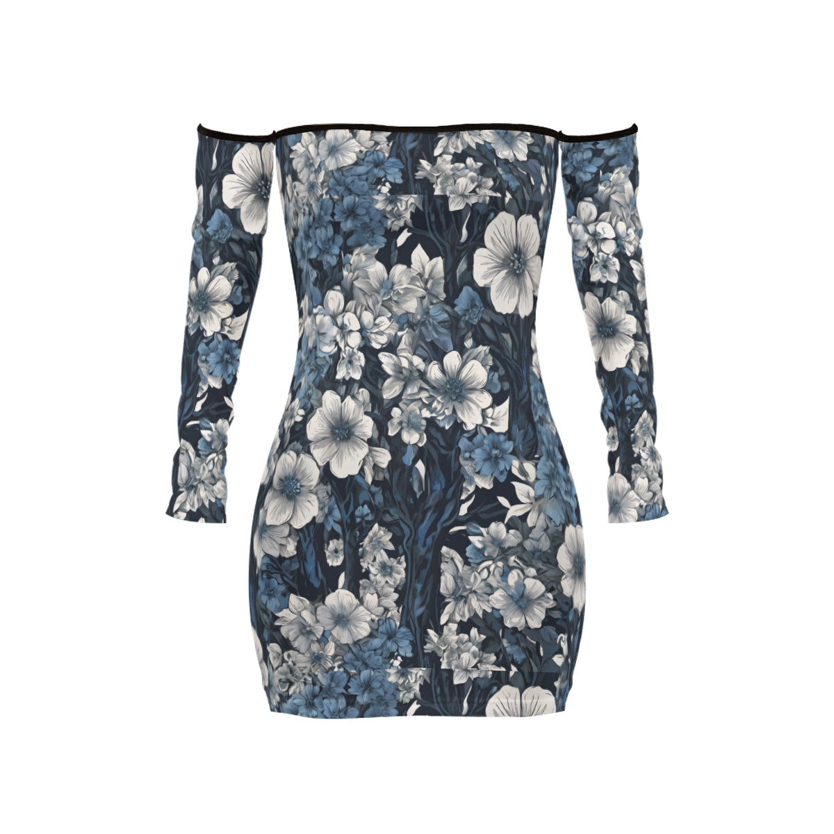 Floral Blue Women's Off-shoulder Back Lace-up Dress | Polyester