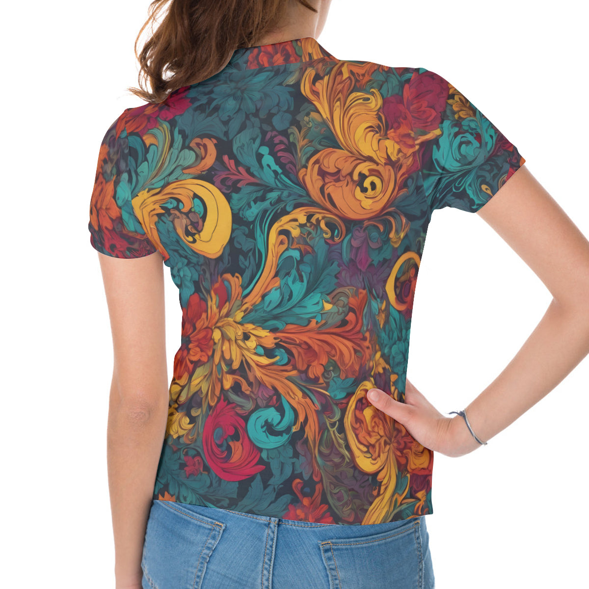 Awesome Flower Design All-Over Print Women's Short-Sleeved Polo Shirt｜Polyester