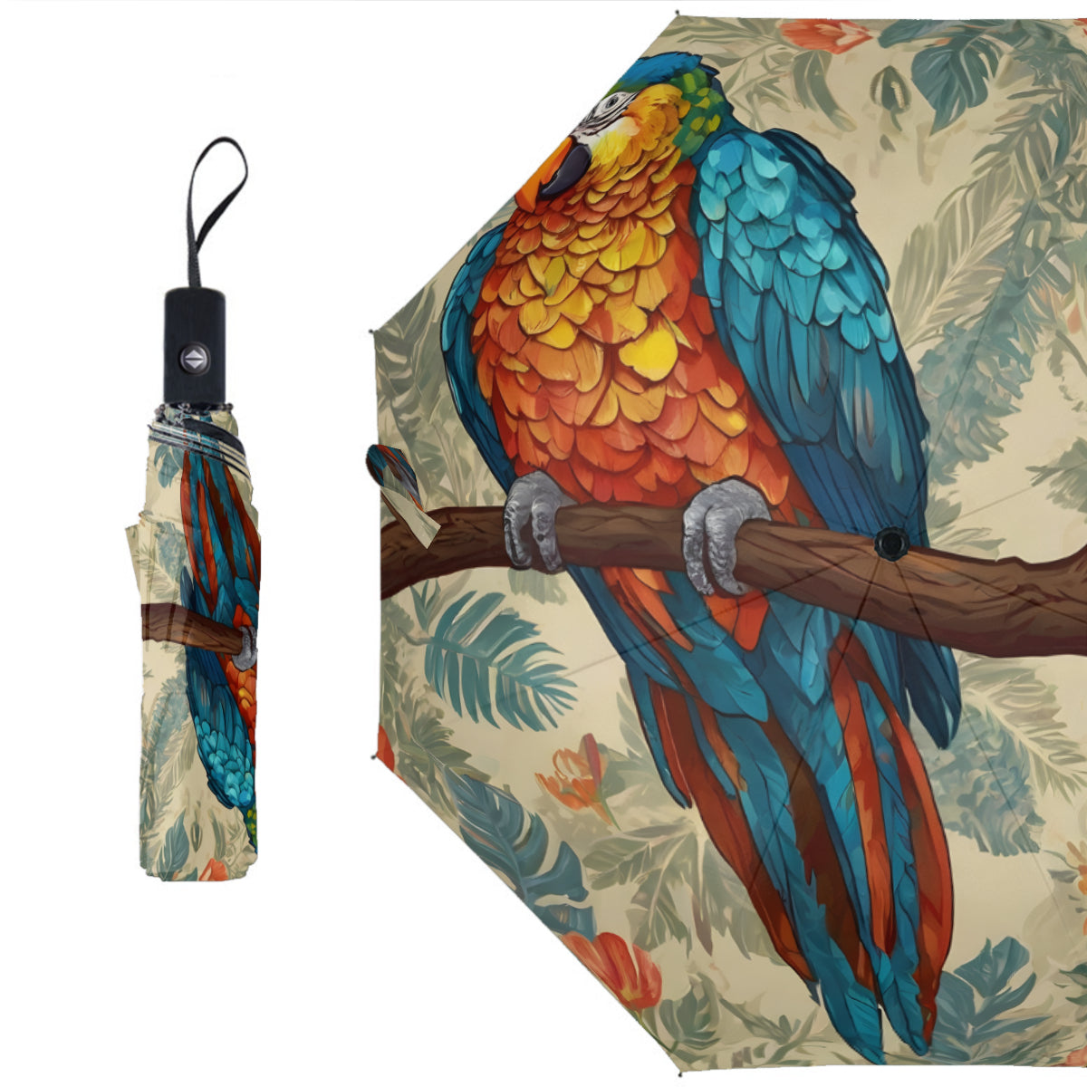 Parrot Design Automatic Tri-Fold Black Rubber Umbrella (Outside Printing)｜Polyester
