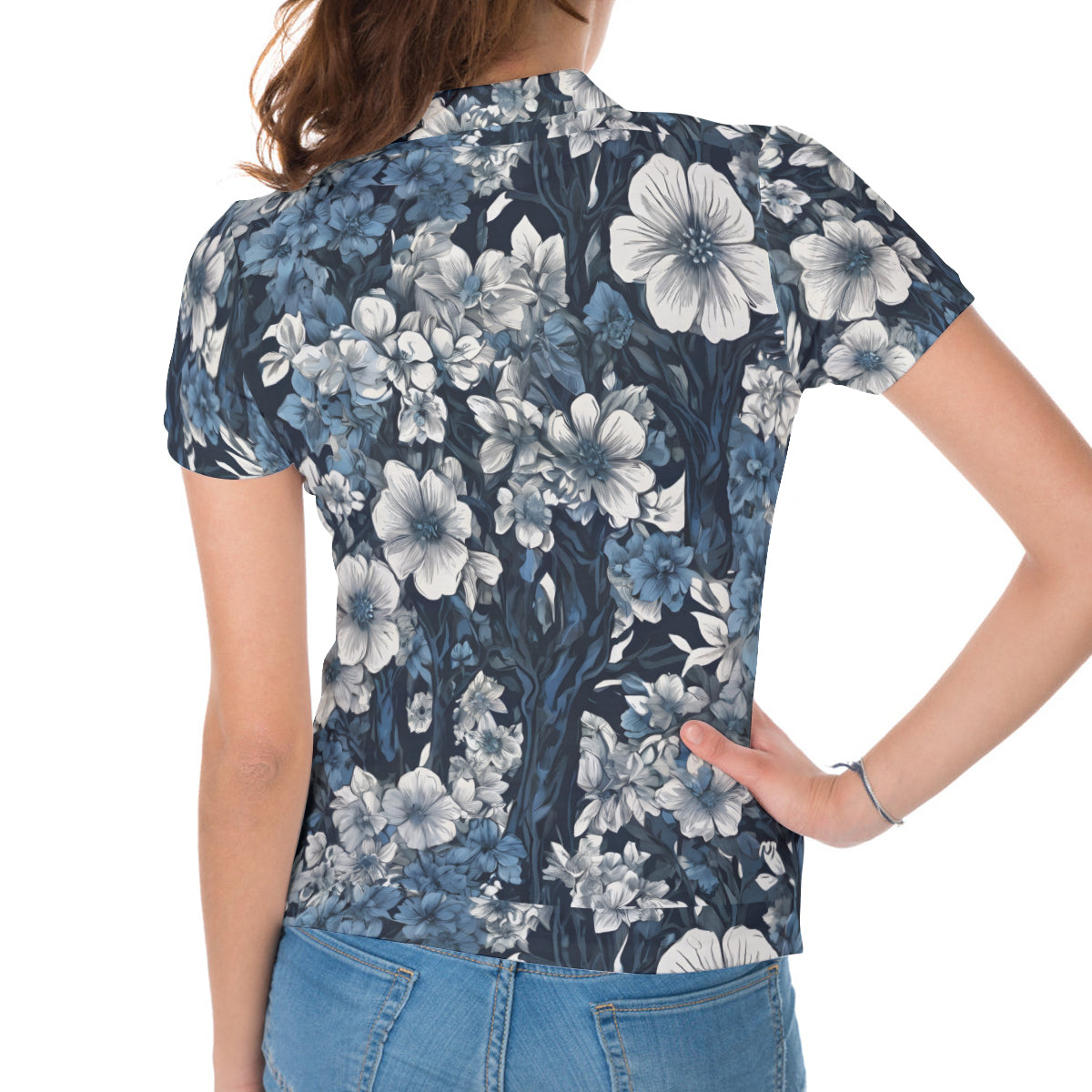 Floral Blue Women's Short-Sleeved Polo Shirt