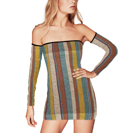 Strip Design Women's Off-shoulder Back Lace-up Dress | Polyester