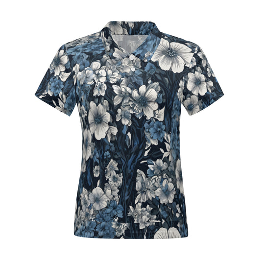 Floral Blue Women's Short-Sleeved Polo Shirt