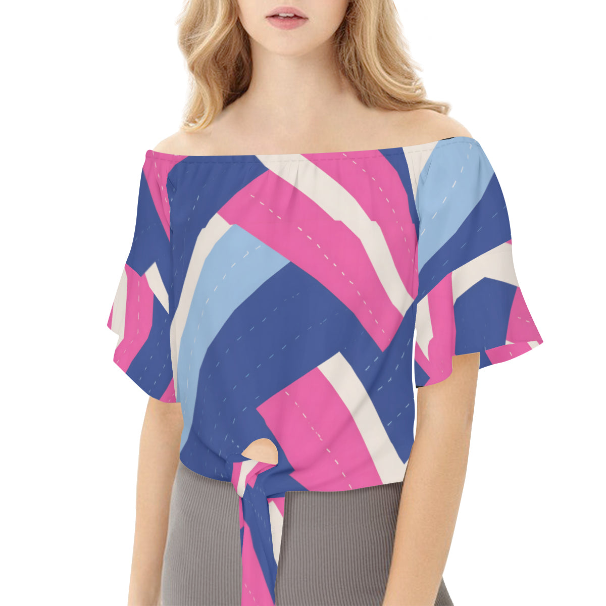 Abstract Women's One-shoulder Tie Short Sleeves T-shirt