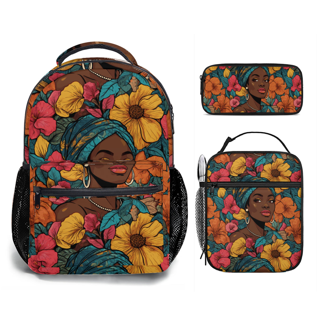 Melanin Queen Student School Bag + Portable Tote Insulated Lunch Bag + Pen Pouch | Oxford Cloth