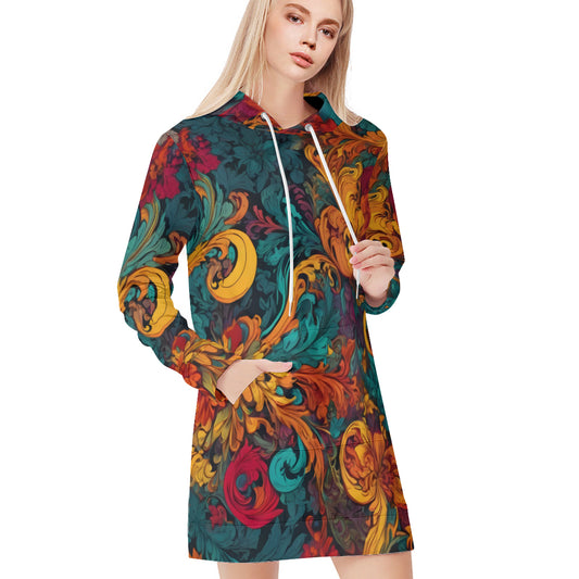 Awesome Flower Design Women Long Sleeve Casual Hoodie Sweatshirt Dress