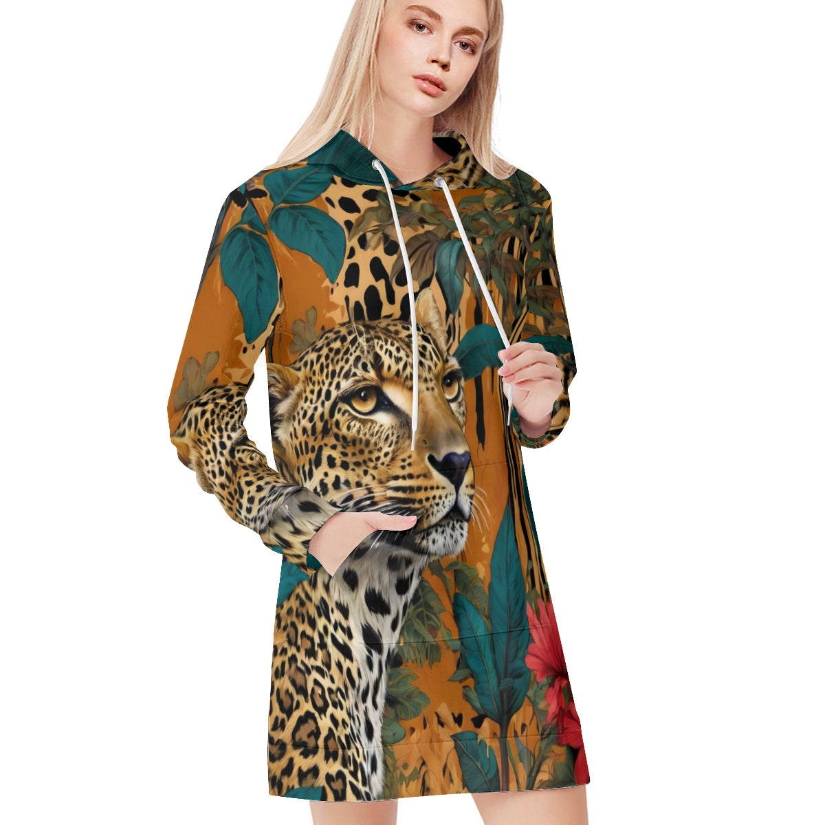 Warrior Leopard Women Long Sleeve Casual Hoodie Sweatshirt Dress