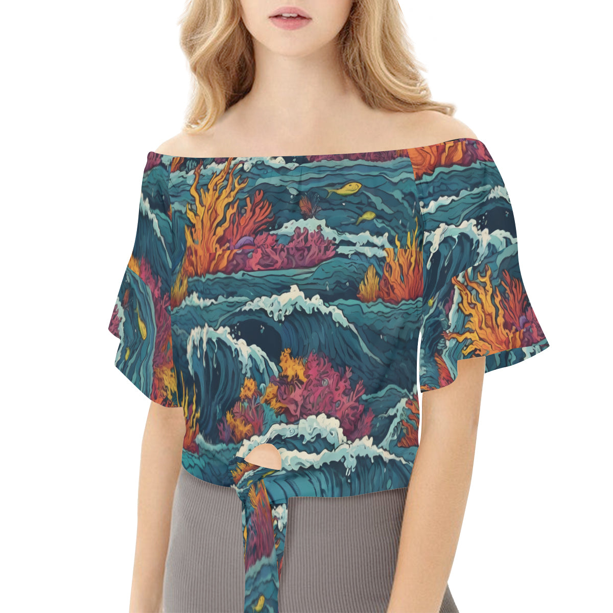 Ocean Waves Women's One-shoulder Tie Short Sleeves T-shirt | Polyester