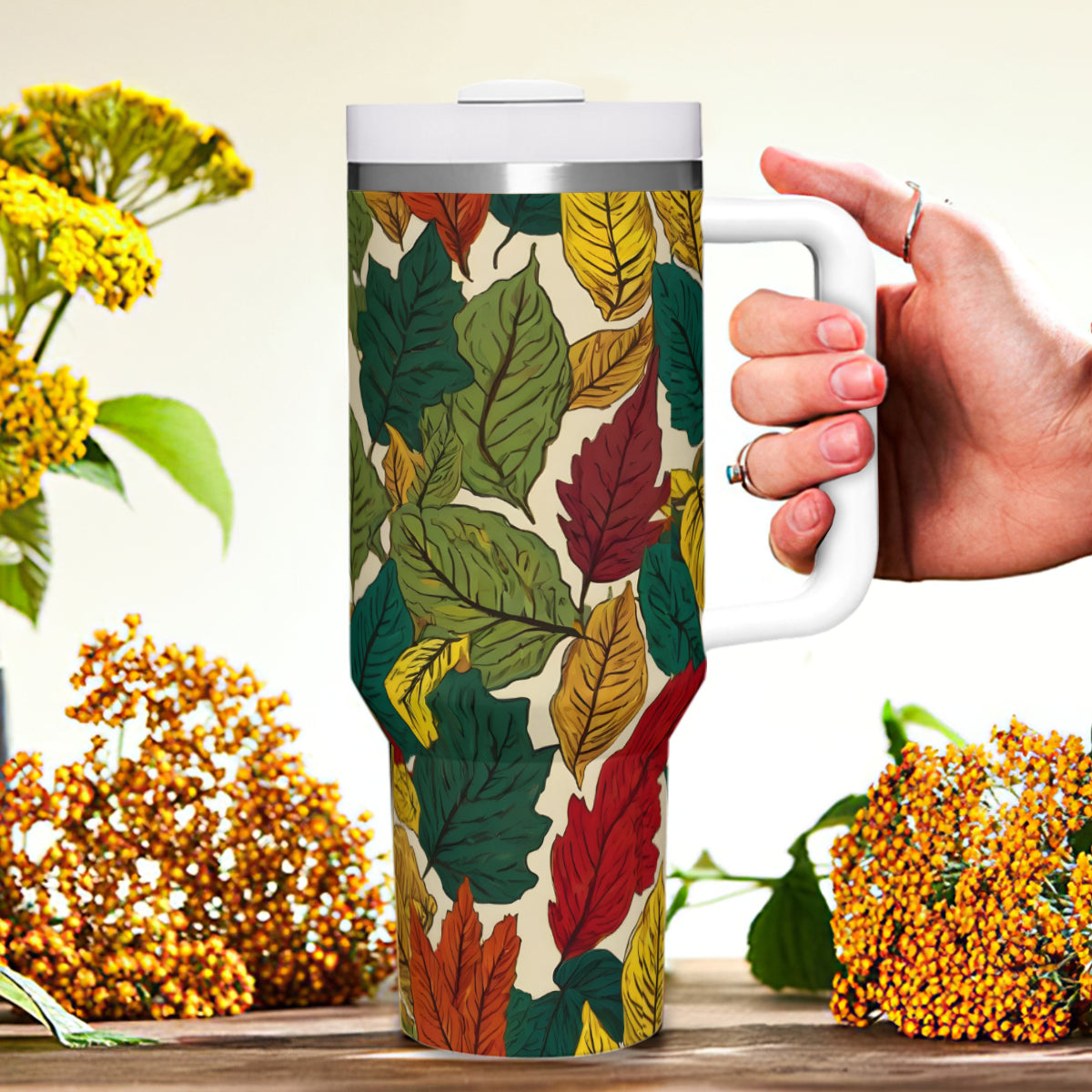 Awesome Leaves Large Capacity Tumbler with Handle(1100ml/40oz) | Stainless Steel 304
