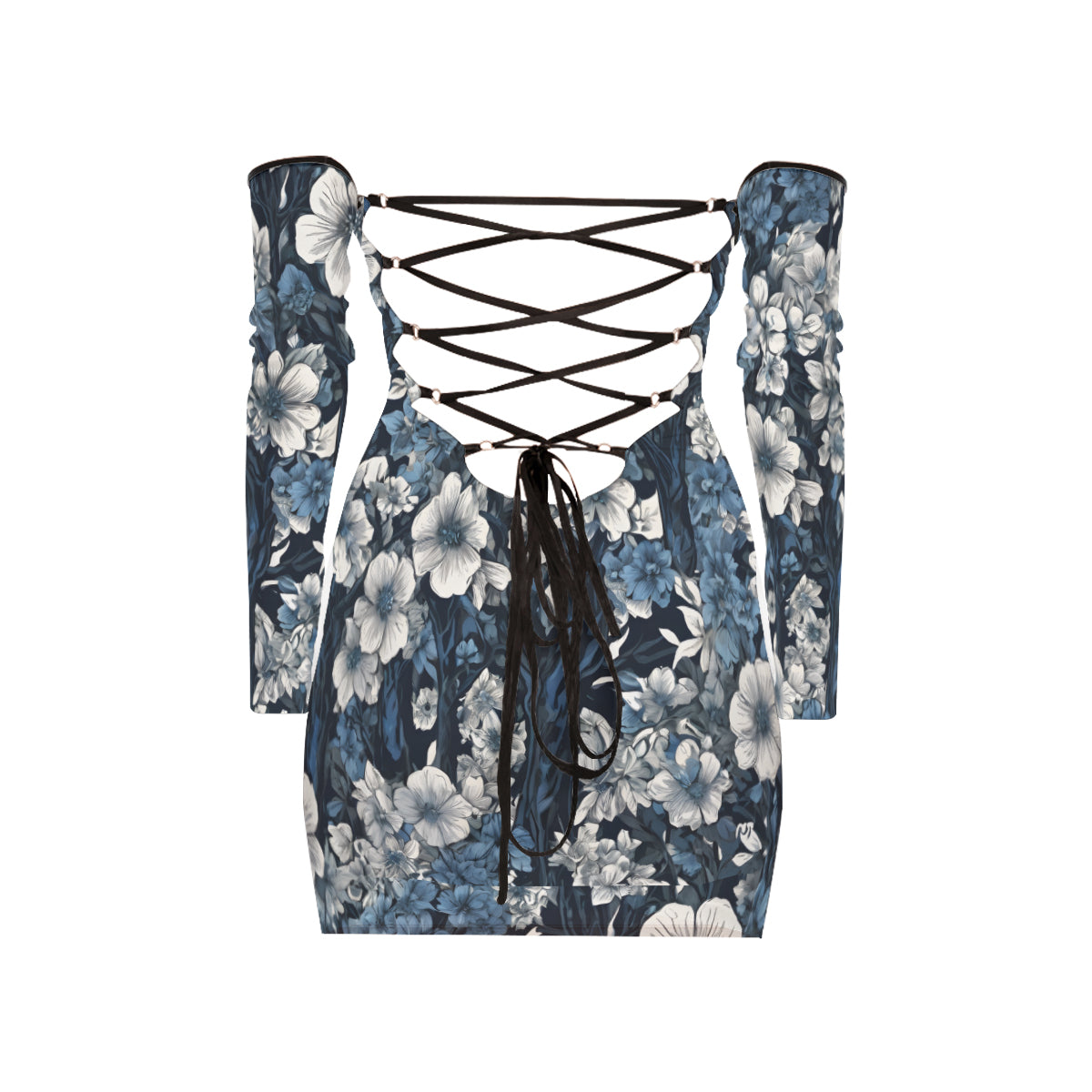 Floral Blue Women's Off-shoulder Back Lace-up Dress | Polyester
