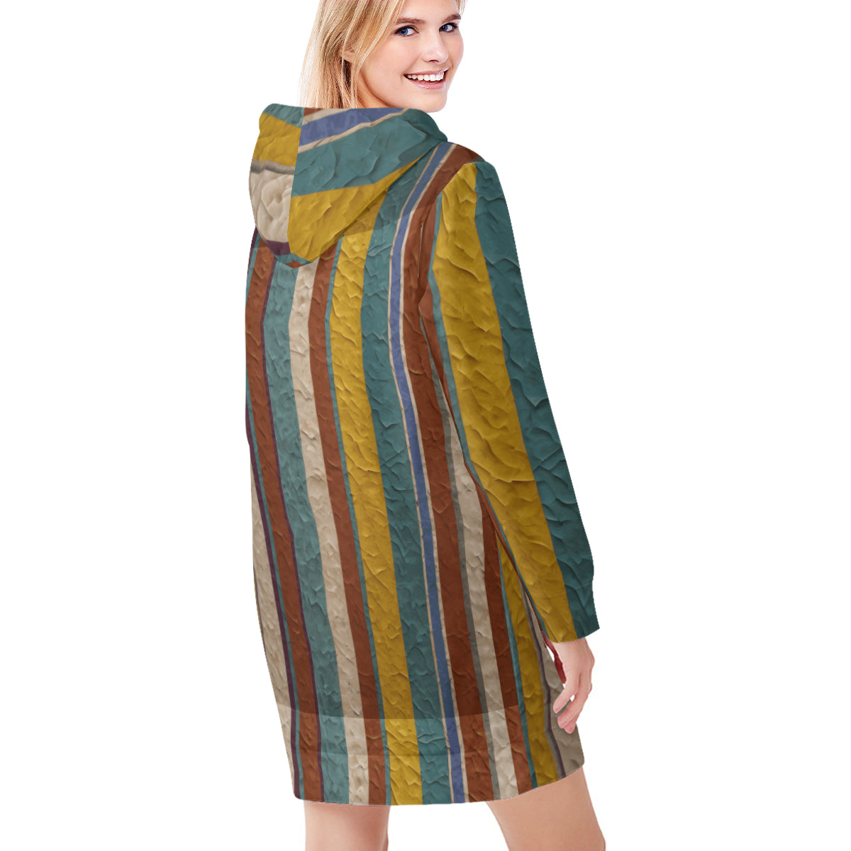 Strip Design Women Long Sleeve Casual Hoodie Sweatshirt Dress
