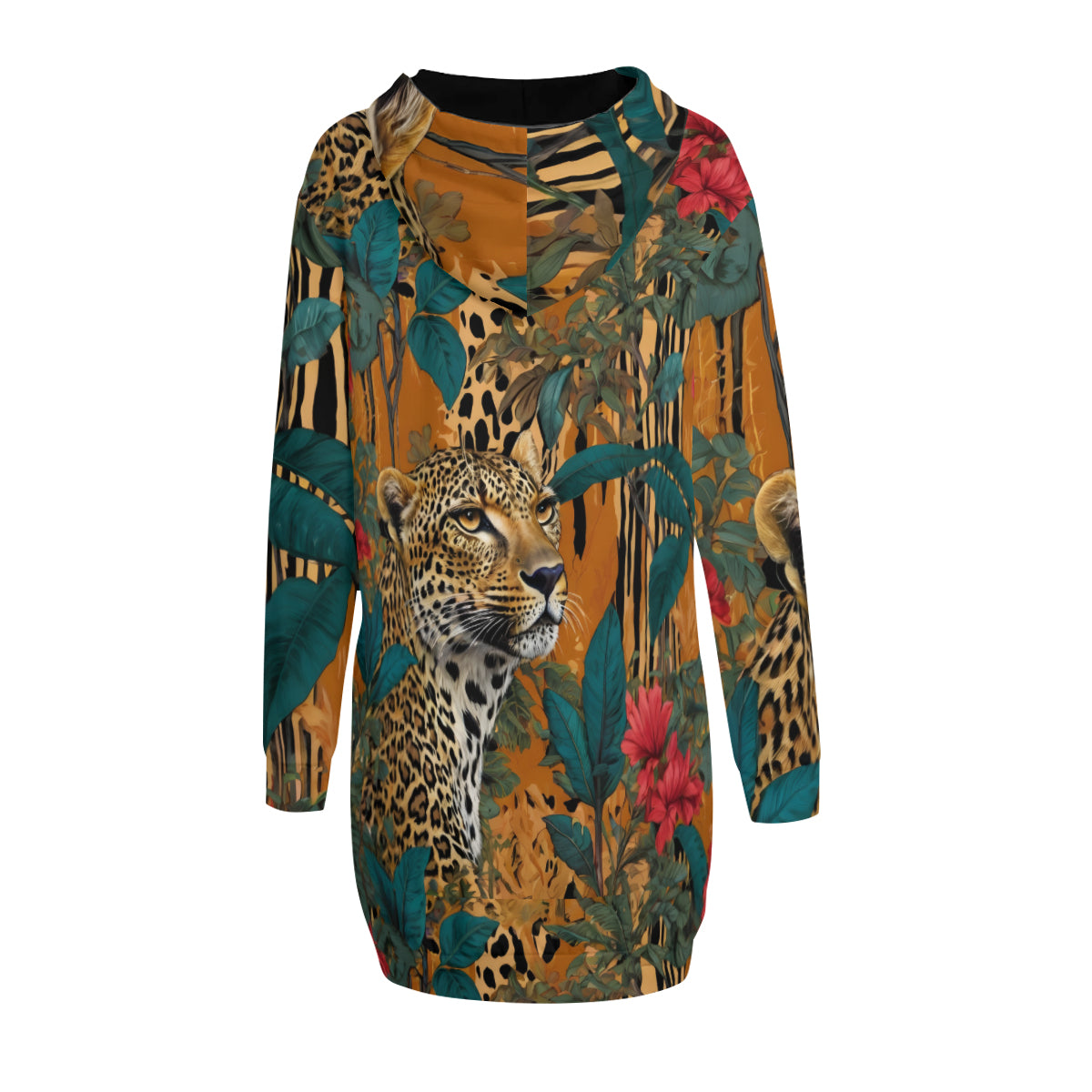 Warrior Leopard Women Long Sleeve Casual Hoodie Sweatshirt Dress