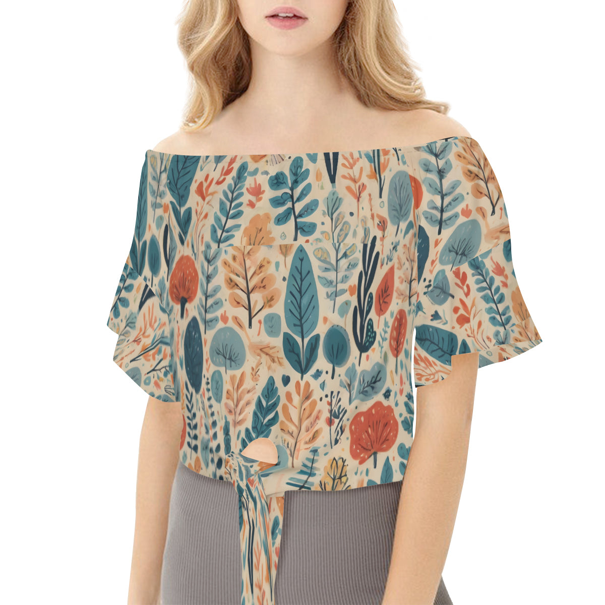 Abstract Floral Women's One-shoulder Tie Short Sleeves T-shirt | Polyester