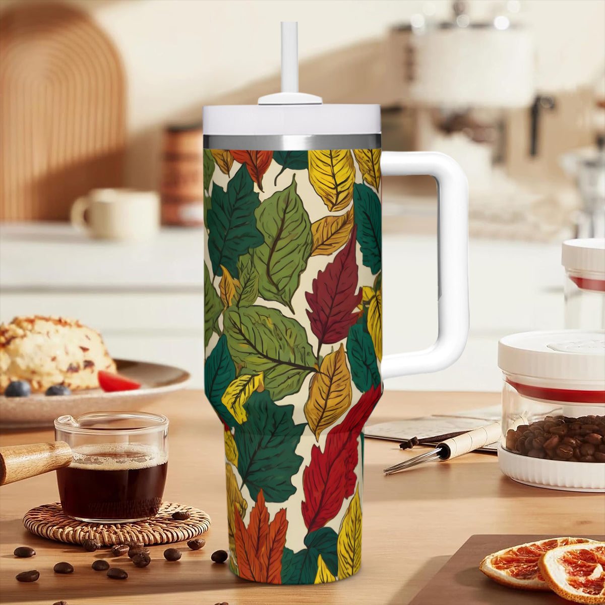 Awesome Leaves Large Capacity Tumbler with Handle(1100ml/40oz) | Stainless Steel 304