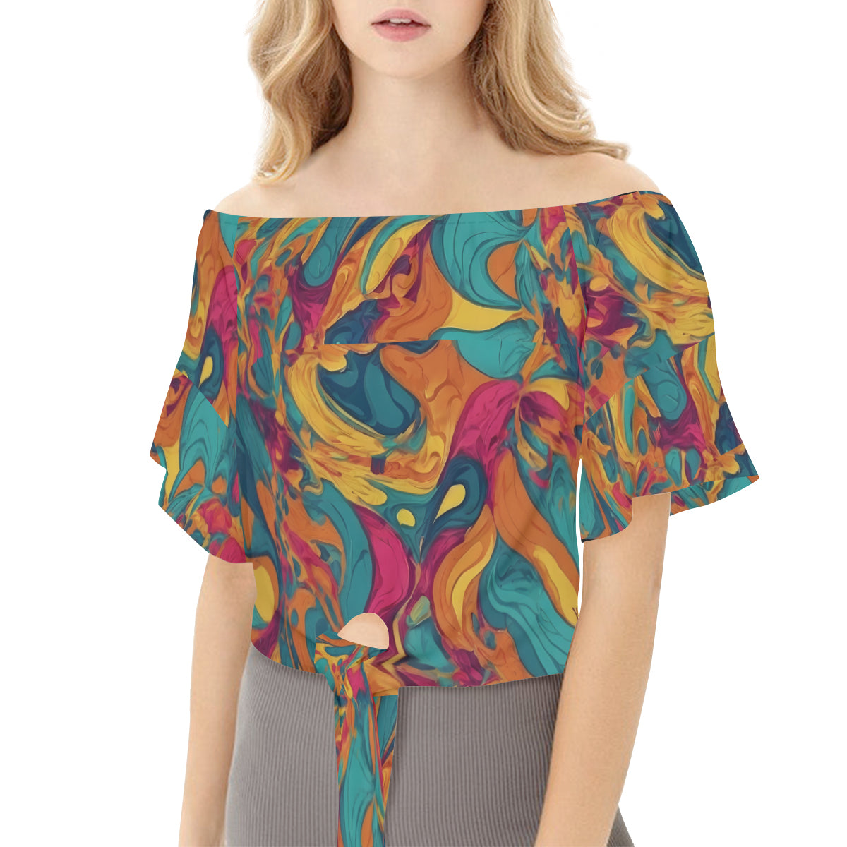 Colorful Pattern Women's One-shoulder Tie Short Sleeves T-shirt | Polyester