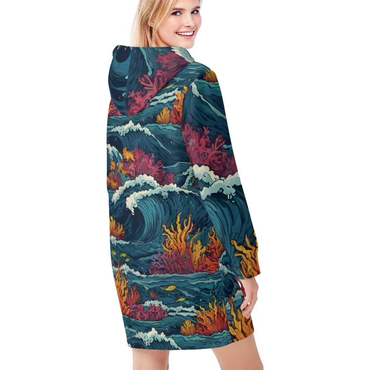 Ocean Waves Women Long Sleeve Casual Hoodie Sweatshirt Dress