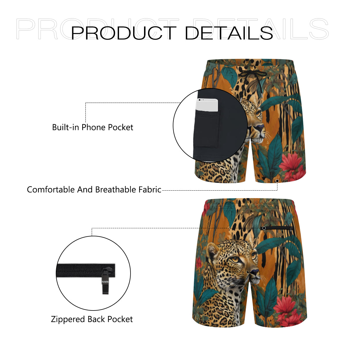 Warrior Leopard Men's Casual Shorts Double-Layer Sports Beach Shorts | Polyester