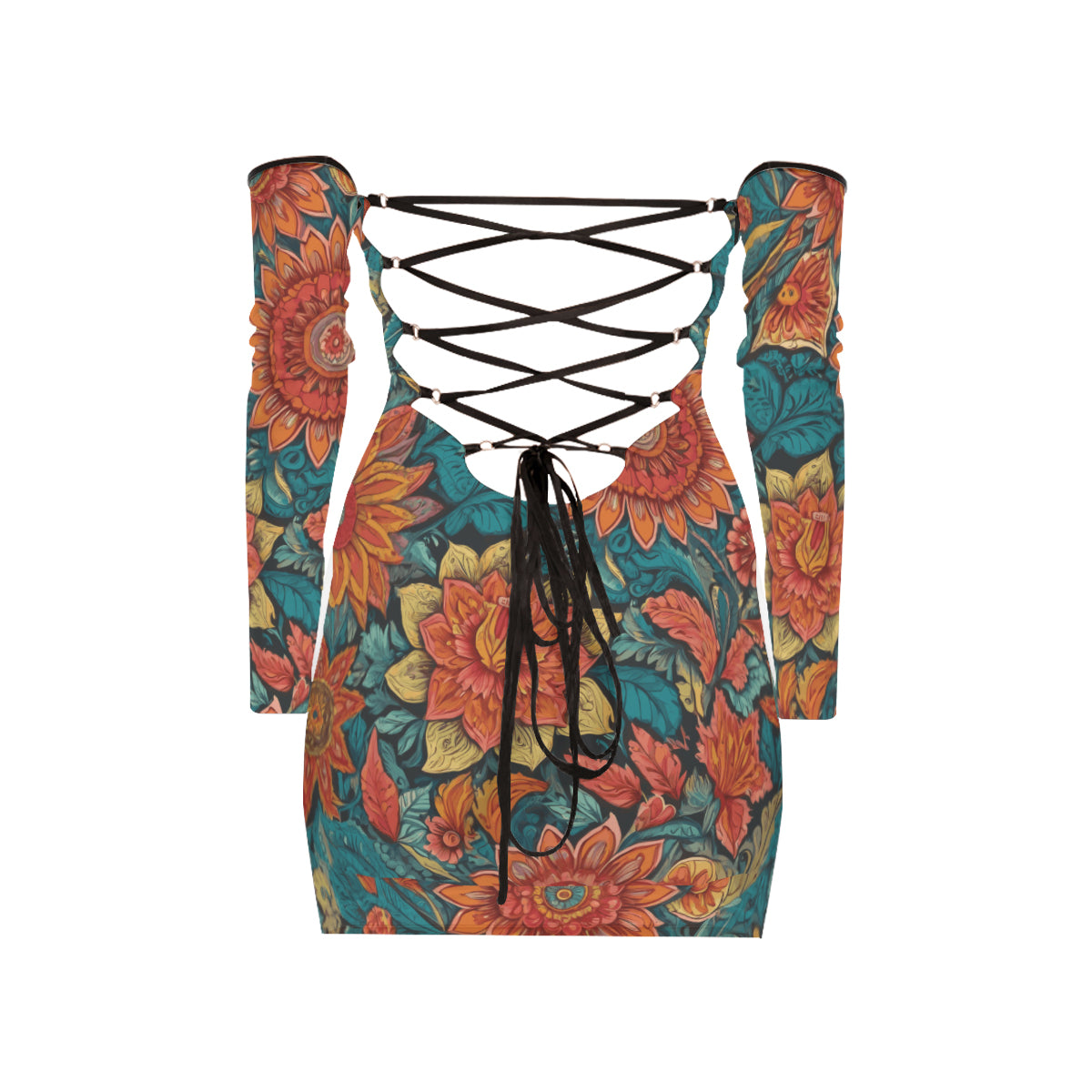 Floral Red Women's Off-shoulder Back Lace-up Dress