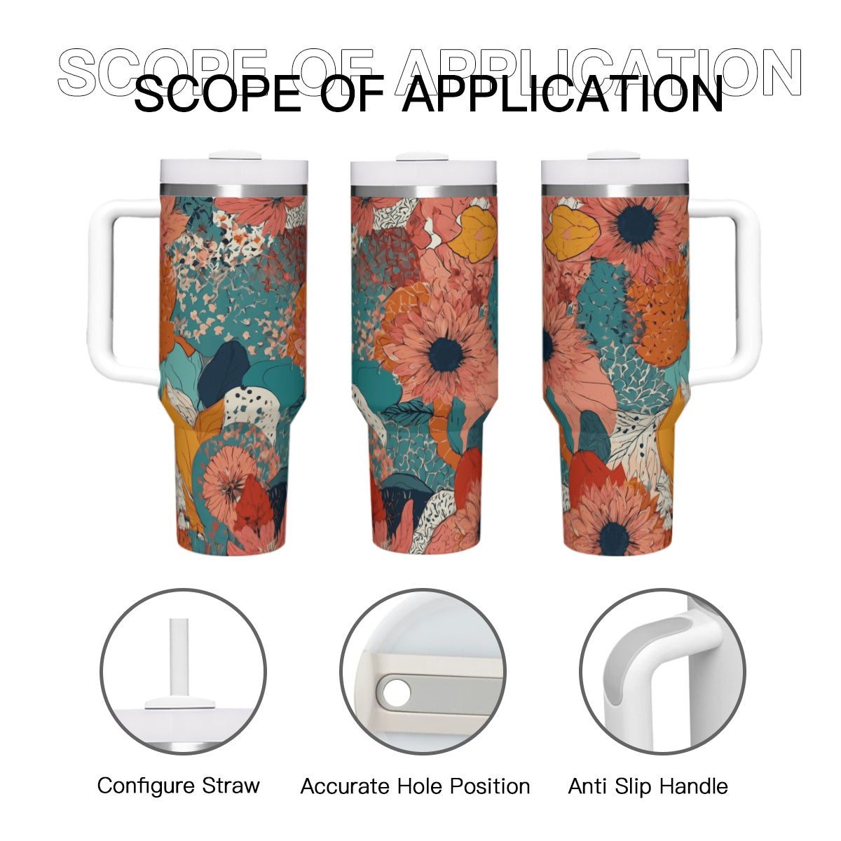 Awesome Floral Large Capacity Tumbler with Handle(1100ml/40oz) | Stainless Steel 304