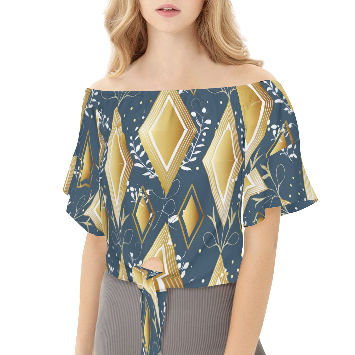 Abstract Gold Women's One-shoulder Tie Short Sleeves T-shirt