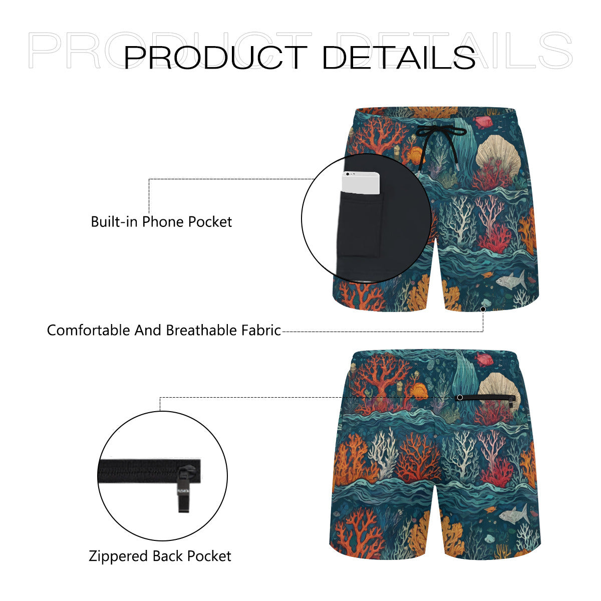 Under Sea Beauty Men's Casual Shorts Double-Layer Sports Beach Pants (Short) | Polyester