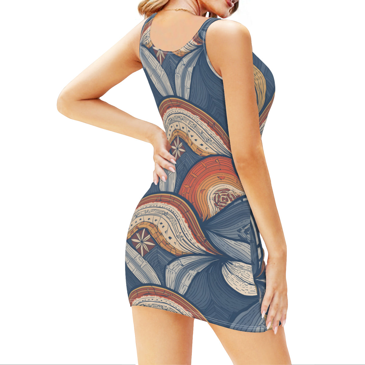 Abstract Pattern Sleeveless Slim-Fit Euro-Size Tank Slip Dress
