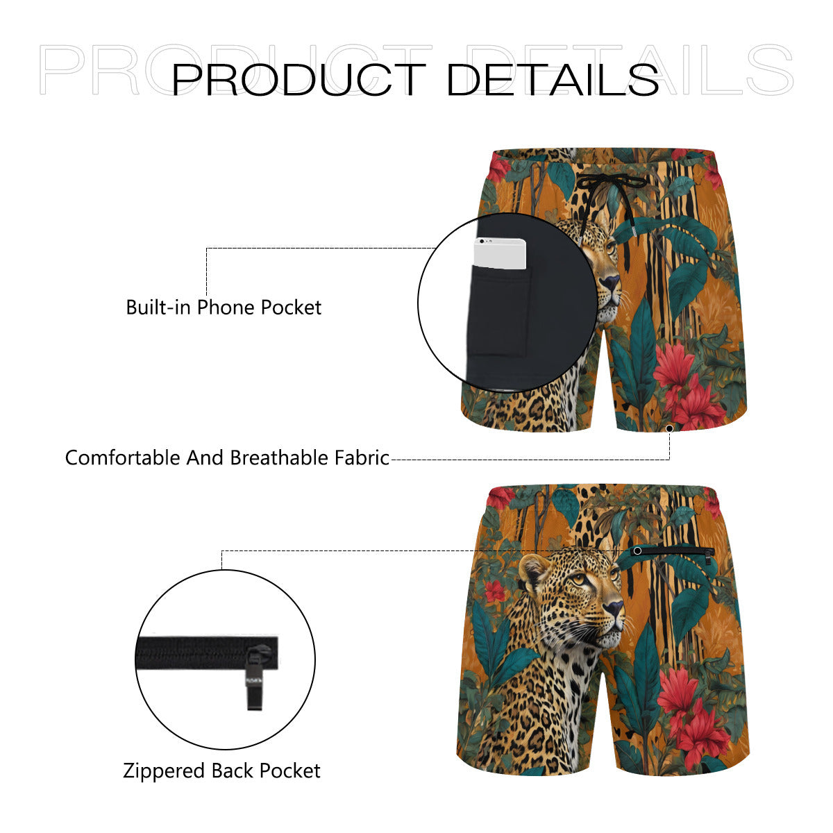 Warrior Leopard Men's Casual Shorts Double-Layer Sports Beach Pants (Short) | Polyester