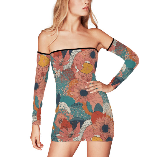 Awesome Floral Women's Off-shoulder Back Lace-up Dress | Polyester