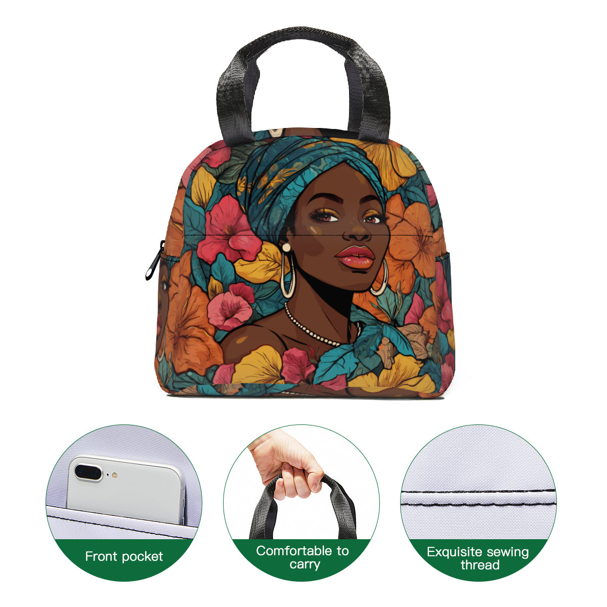 Melanin Queen personalised canvas handheld insulated lunch bag (with side pocket)｜Polyester