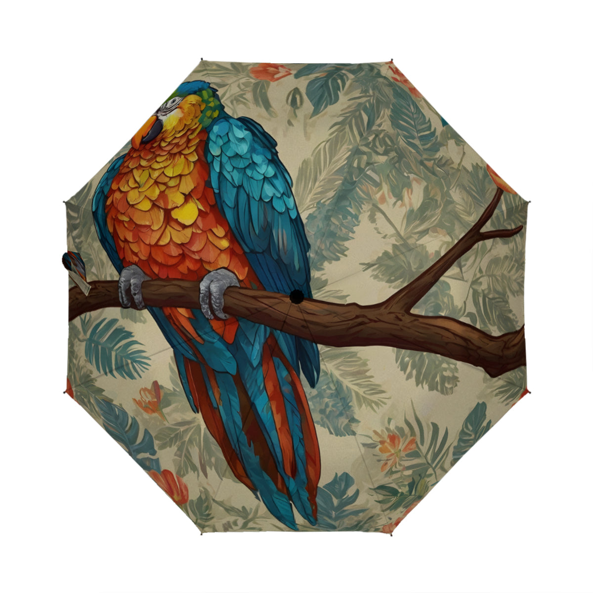 Parrot Design Automatic Tri-Fold Black Rubber Umbrella (Outside Printing)｜Polyester