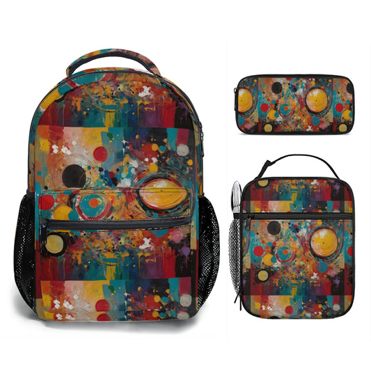 Crazy Design Student School Bag + Portable Tote Insulated Lunch Bag + Pen Pouch | Oxford Cloth