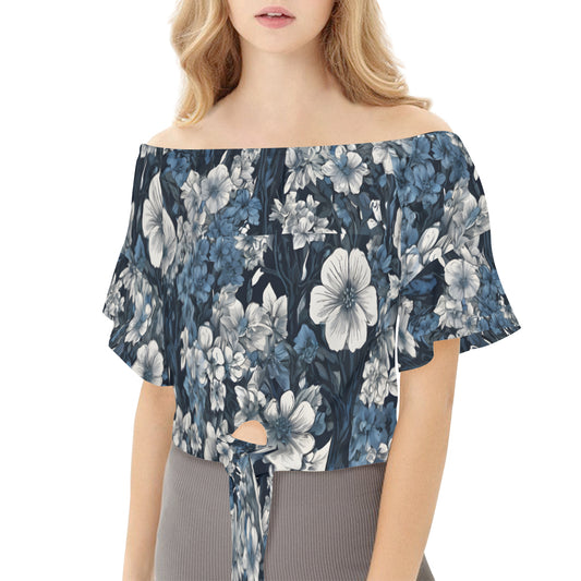 Floral Blue Women's One-shoulder Tie Short Sleeves T-shirt | Polyester