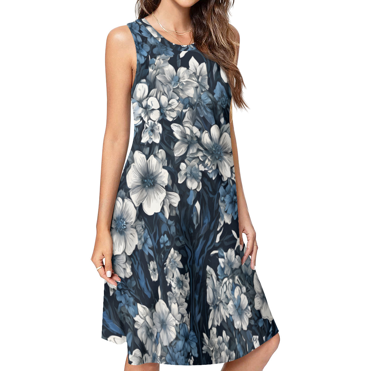 Floral Blue All-Over Print Women's Casual Dress | Polyester