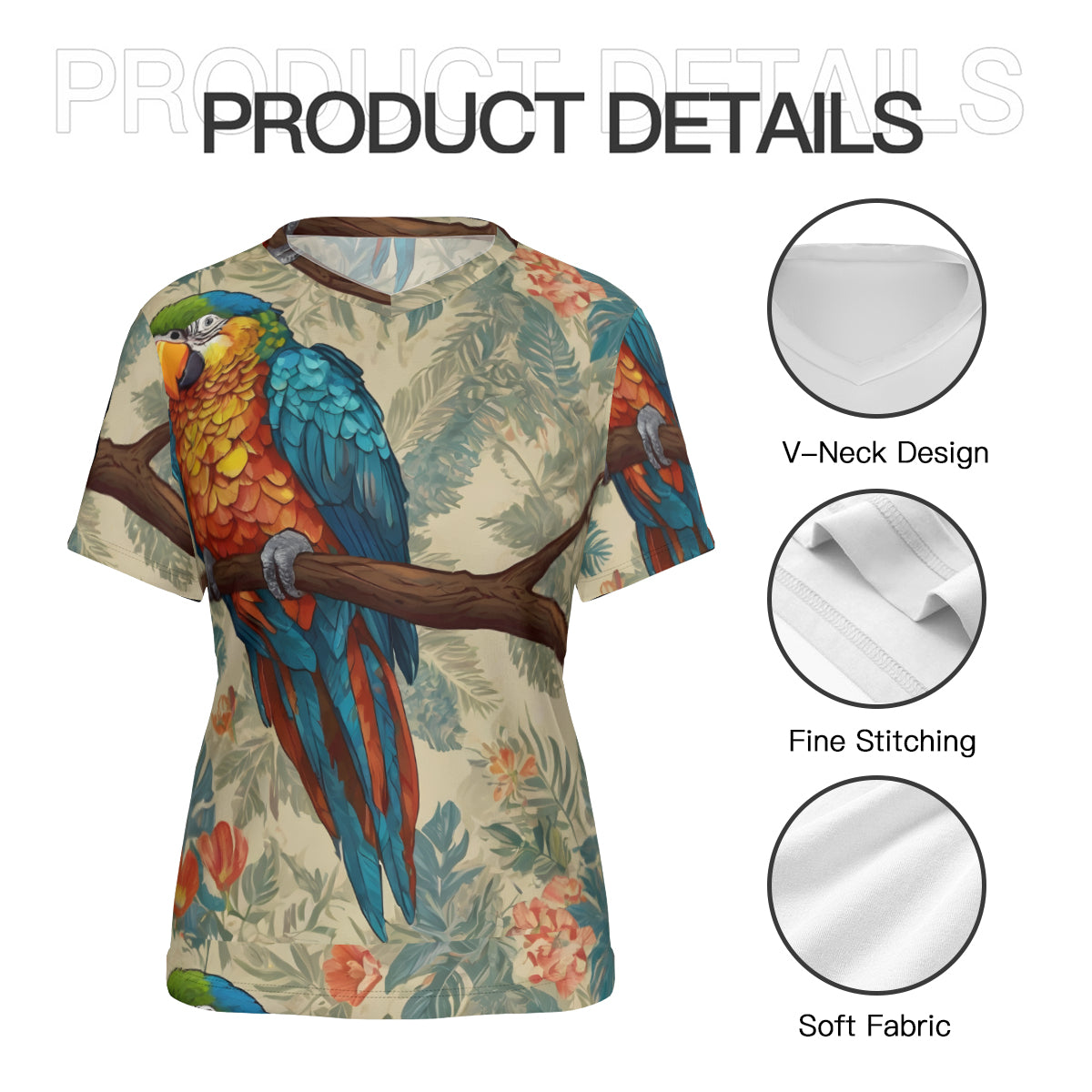 Parrot Design Women's V-Neck Short Sleeve T-Shirt | Polyester