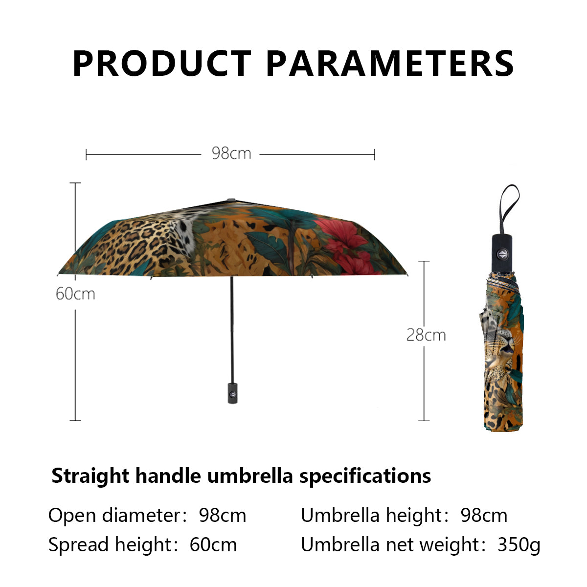 Warrior Leopard Automatic Tri-Fold Black Rubber Umbrella (Outside Printing)｜Polyester